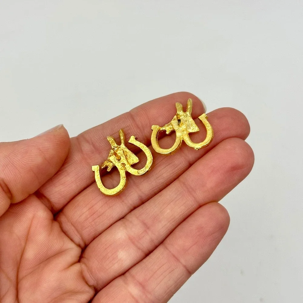 Vintage Gold Tone Donkey Head Horseshoe Lapel Pins Tie Pin Republican Patriotic